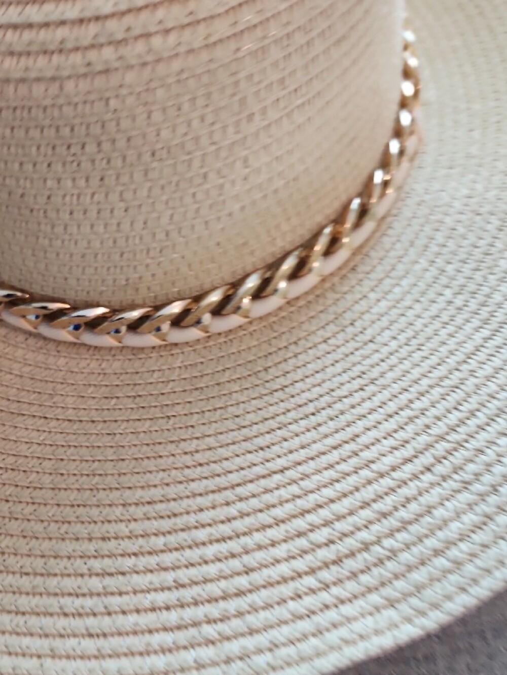 Straw Sun Hat with Gold Chain Link Band. Beige - Picture 7 of 9